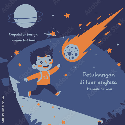 A cartoon boy runs on a path towards a planet and a falling comet in outer space, depicting an exciting cosmic adventure.