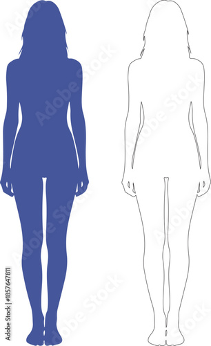 woman silhouette front view full body blue solid color outline sketch for graphic design