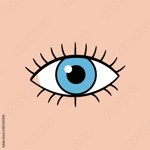 Stylized illustration of an open eye with a bright blue iris and long black eyelashes on a peach background.