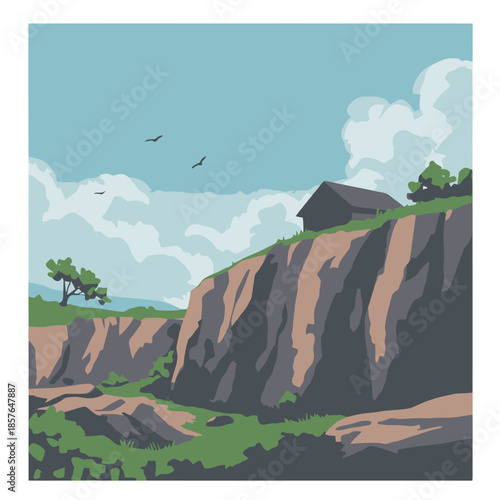A serene landscape illustration featuring a small house perched atop a rugged cliff under a blue sky with clouds and flying birds.