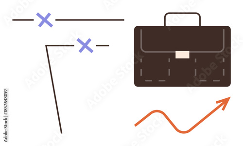 Decision points linked by strategy line beside rising trajectory arrow and business briefcase. Ideal for planning, growth, business, strategy, progress, investment, entrepreneurship. Minimalistic