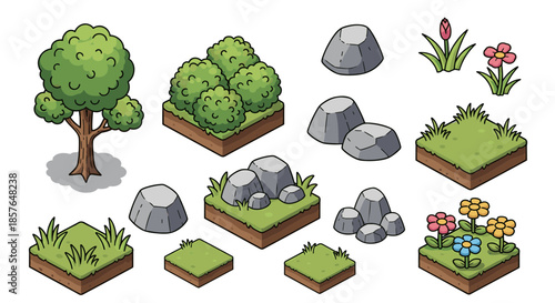 Isometric Nature Elements Set with Cartoon Tree, Lush Bushes, Assorted Rocks, and Grass Sprites for Game Development