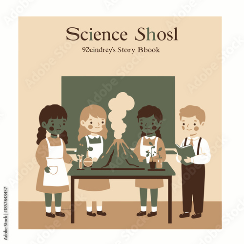 An illustration of four diverse children conducting a science experiment with an erupting volcano model in a classroom.
