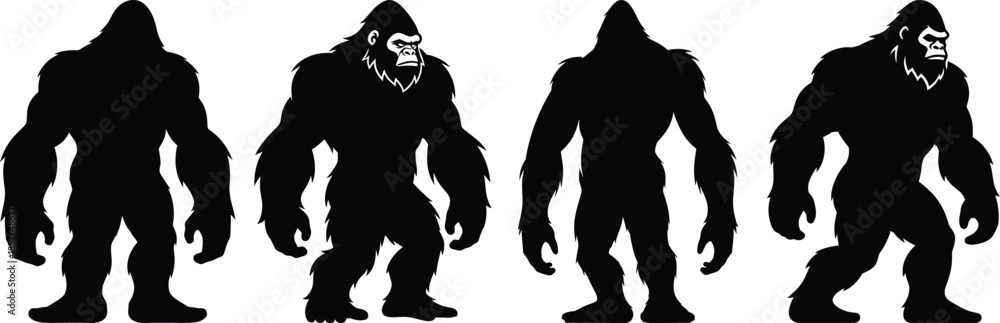 Fototapeta premium Four black silhouettes of gorilla creatures isolated on transparent background