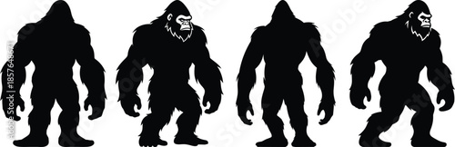 Four black silhouettes of gorilla creatures isolated on transparent background