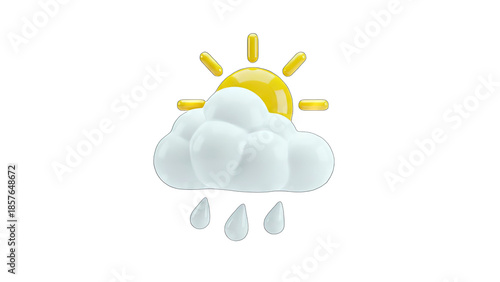 3D Weather Icon: Sun, Cloud, and Rain on White