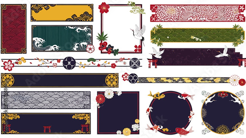 Exquisite Collection of Japanese Traditional Graphic Elements Featuring Ornate Frames, Banners, and Decorative Borders with Classic Motifs like Cranes, Waves, Koi Fish, and Plum Blossoms