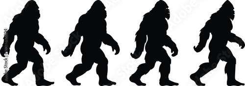 Four black silhouettes of bigfoot walking isolated on transparent background