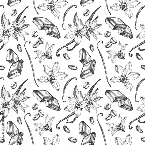 Coffee beans, vanilla and chocolate slice vector illustration hand-drawn in ink. A pattern featuring illustrations of sweet flavors. A template for dessert label design. Vector illustration