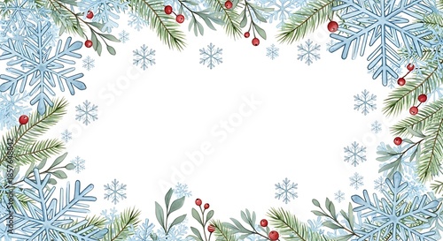 A wintry watercolor design features ice-blue snowflakes, evergreen boughs, and red berries, creating a festive border on a white backdrop