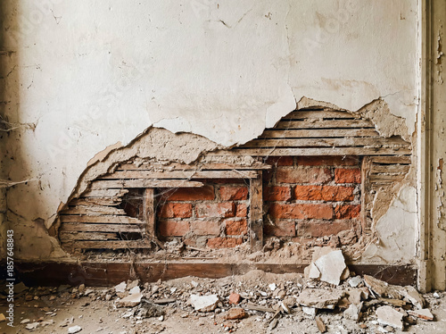 Damaged wall with broken plaster revealing red brick and wooden lath house renovation maintenance structural failure ruins debris insurance claim home repair leak moisture construction background