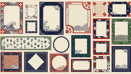 Diverse collection of elegant traditional Japanese decorative frames and borders with intricate classic patterns featuring waves, florals, and geometric motifs for design