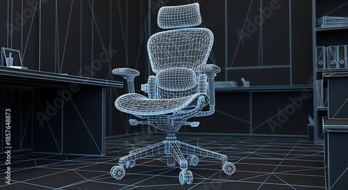 A wireframe depiction of an ergonomic office chair in a stylized workspace. A desk, laptop, and shelves are also visible