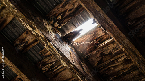 Rotten roof rafters from chronic leak house maintenance repair damage emergency accident insurance claim construction problem structural failure background