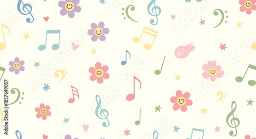 Playful pastel musical notes and smiling flowers adorn a light background.