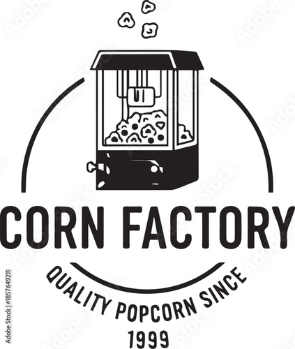 Black and white logo illustration for Corn Factory with vintage popcorn machine and bold branding text