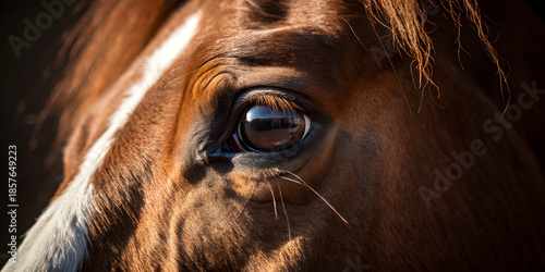 Extreme closeup of a brown horses eye and face with a white blaze, showing detailed fur texture and reflection in the dark eye, horse, horse eye