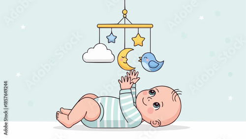 Happy baby playing with a colorful mobile above crib.