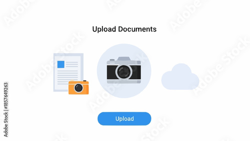 Digital document upload process with camera and cloud icons.