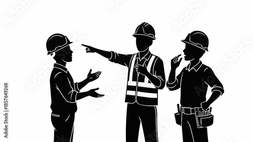 Three construction workers in silhouette discussing plans on a white background.