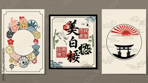Elegant collection of three Japanese art frames, featuring cultural symbols, intricate patterns, calligraphy, and iconic motifs like rising sun, torii gate, and cherry blossoms
