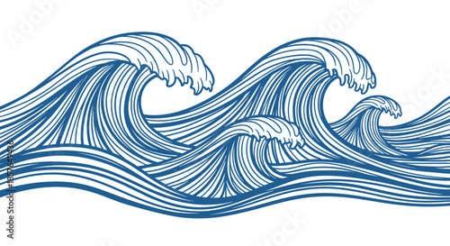Seamless vector pattern of powerful ocean waves in a blue line art style, perfect for nautical designs, borders, or backgrounds.