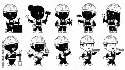 Construction Workers Holding Tools and Blueprints.