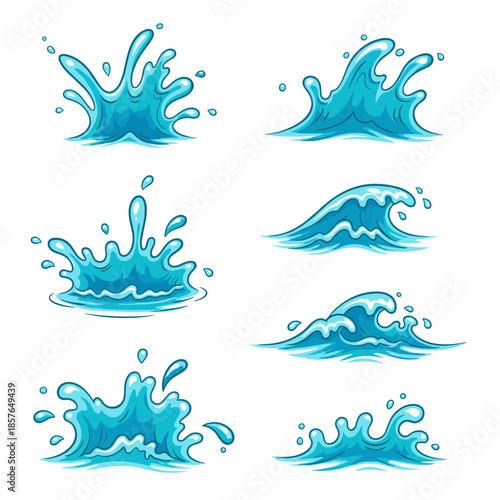 Dynamic cartoon water splashes and ocean waves set, hand-drawn vector elements for aquatic themes and designs.