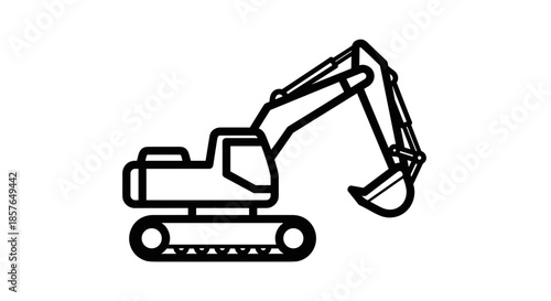 Simple outline vector icon of an excavator, heavy construction machinery for digging and earthmoving projects.