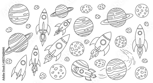 Space exploration vector doodle set with rockets, planets, moons, and asteroids in a simple black and white outline style, ideal for children's designs.