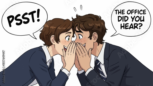 Two men in suits whispering secrets in the office.