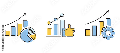 Analytics icon set with color fills and black outlines, featuring charts, graphs, and data analysis symbols for business intelligence and reporting.