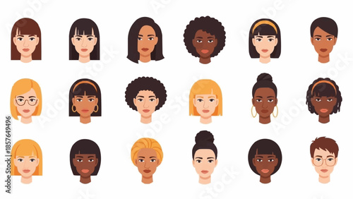 Diverse Group of Women Faces Representing Different Ethnicities and Styles.