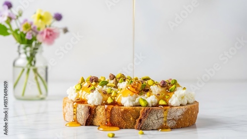 美味しそうなハニートーストに蜂蜜がゆっくりと注がれる、最高の瞬間。