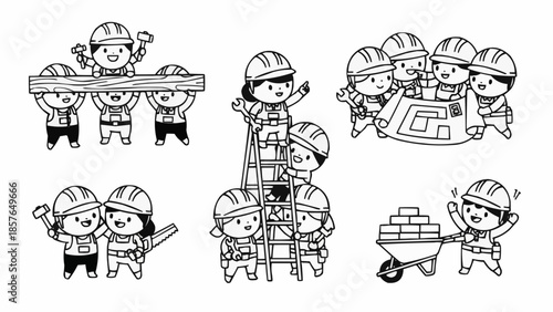 Cute cartoon construction workers building together in various scenes.