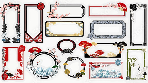 Traditional Japanese Ornamental Borders and Frames with Elegant Floral and Crane Motifs