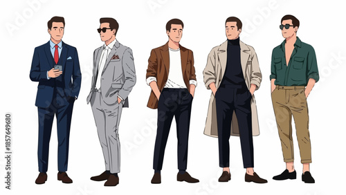 Five stylish men in fashionable outfits standing together.