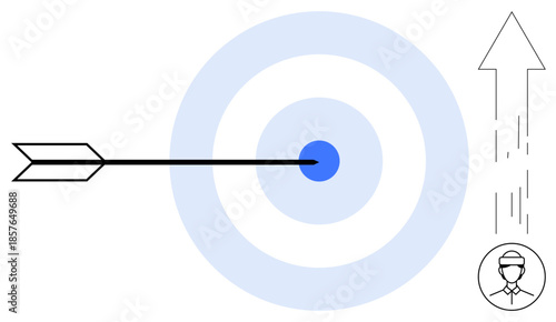 Business success, goal achievement, strategic planning, leadership, career growth, performance improvement. Arrow on bullseye with upward arrow and person icon. Goal achievement and business success