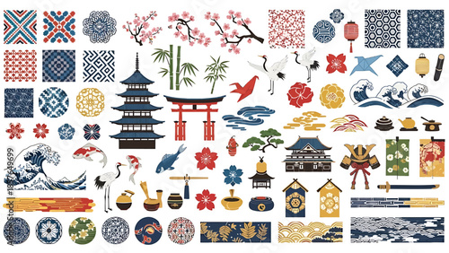 Traditional Japanese Art and Culture Elements with Cranes, Torii Gate, Pagoda, Waves, and Cherry Blossoms