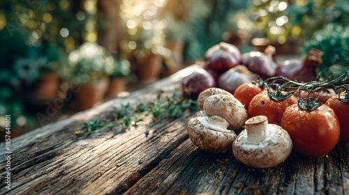 Farm-to-table concept with fresh ripe red tomatoes, mushrooms, and red onions on a weathered wooden table with greenery and natural sun flare.