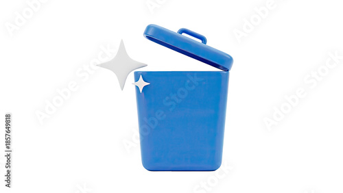 3D Blue trash can with open lid and sparkling clean symbol on transparent background