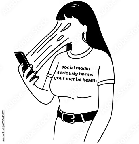 Social Media Mental Health. Young Woman Using Phone, Beauty Standards, Anxiety and Psychological Pressure. Girl with a phone and a sign about mental health / social media and self-esteem