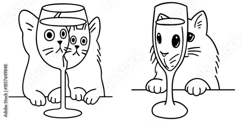 Funny Cat Meme with Distorted Face Through Wine Glass — Cute Kitty with Squished Cheeks and Bulging Eyes Seen Through Glass,  Optical Distortion Joke