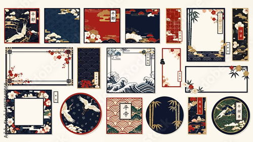 Set of authentic Japanese frames and ornamental borders, showcasing classical motifs like cranes, bamboo, and ocean waves, perfect for cultural design projects