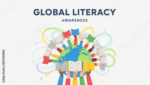Global literacy awareness concept diverse hands holding open books around the planet Earth symbolizing education and knowledge sharing