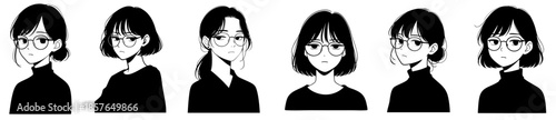 Anime Girl Portrait Set with Serious and Dark Expressions — Japanese Asian Female Characters, Mafia Style, Tough Attitude Faces and Cool Minimalist Avatars