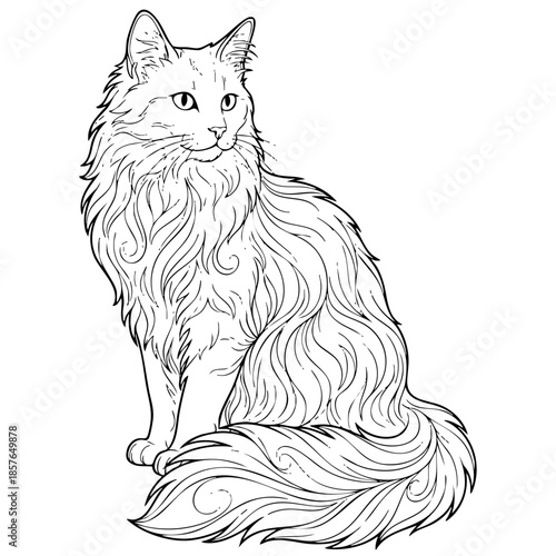 Turkish Angora Cat with Silky Fur Vector Line Art Coloring Page