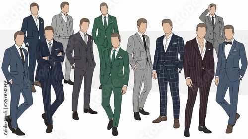 Collection of stylish men in various suits and formal wear.
