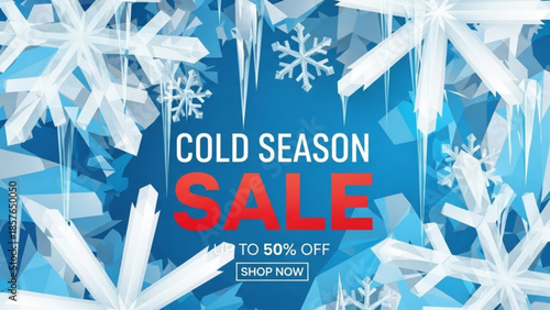 Cold Season Sale banner with snowflakes and icicles offering up to 50 off for winter promotions designed for retail advertising