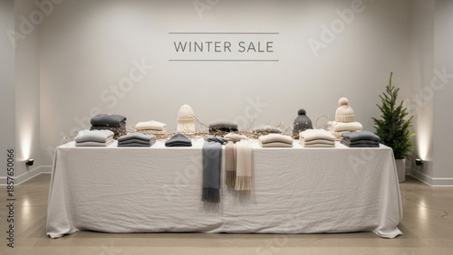 Winter sale display of cozy knitwear and accessories featuring sweaters hats and scarves set up for retail promotion and seasonal shopping